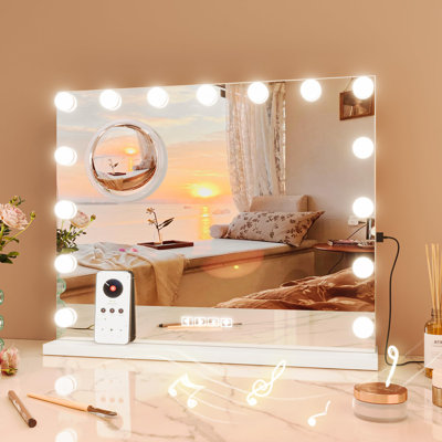 Miroir de salle de bain avec lumières et dent bleue, miroir de maquillage rotatif à 360 ° avec 15 ampoules à DEL à intensité variable / chargement USB / 3 couleurs à intensité variable / grossissement 10x, fixation murale / bureau, chambre / vesti