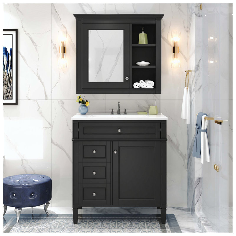 Armoire de salle de bain simple avec miroir et tiroirs, Noir