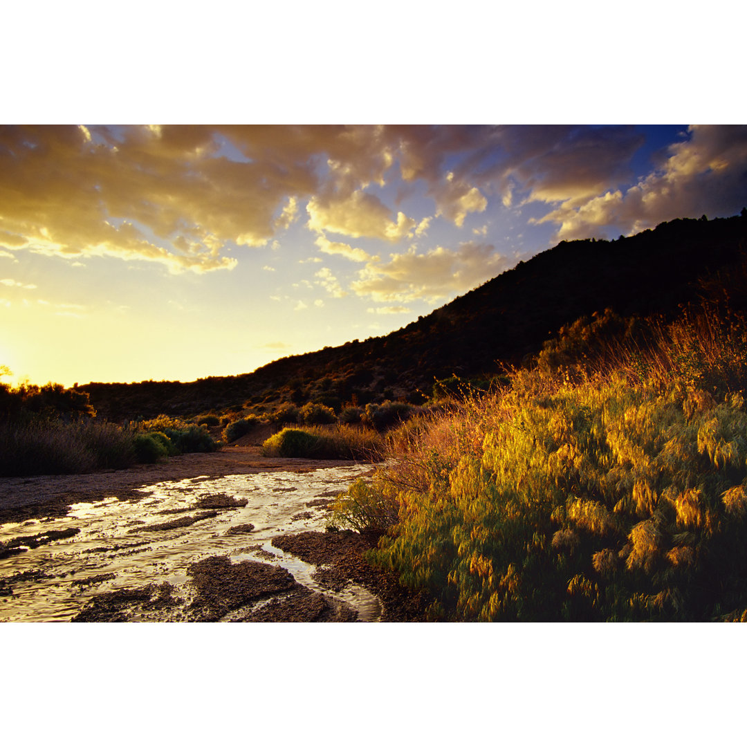 Sunset Desert Mountain Landscape Stream And Sky von Amygdala_imagery - No Frame Kunstdrucke auf Leinwand