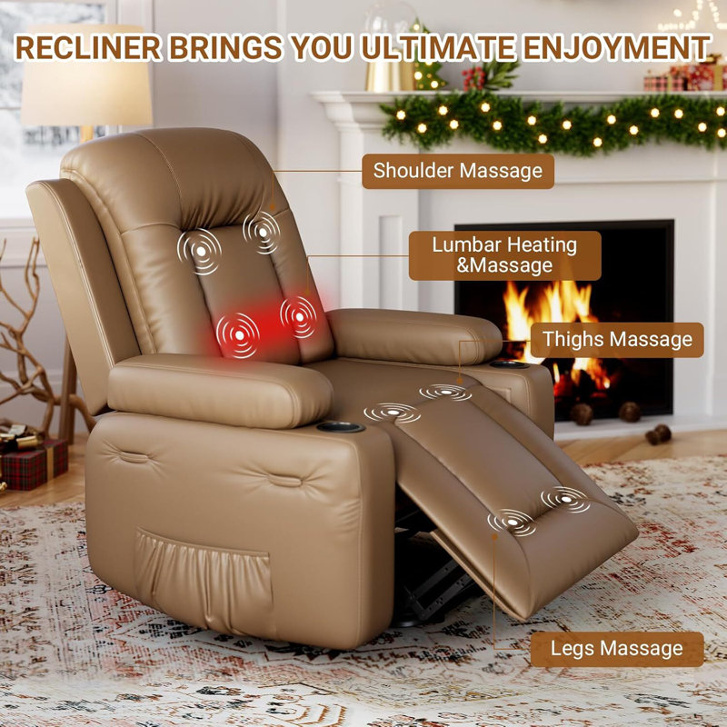 Adjustable Reclining Chair for Elderly with Cup Holders, Side Pockets, and USB Port, Tan
