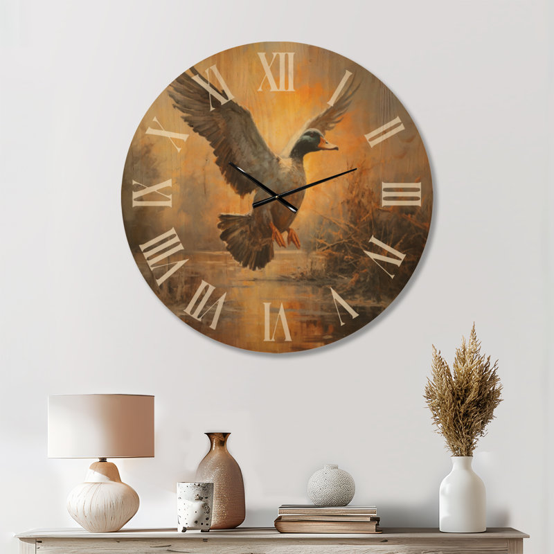 Horloge murale faune - vol de canard rétro à l'étang II, imprimé sur bois, Medium