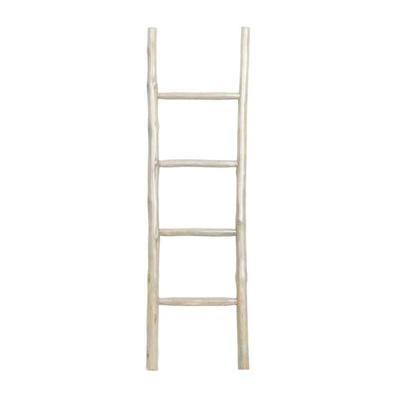 Échelle à 4 tablettes en bois de teck fabriqué à la main 18 po x 2 po x 59 po, Blanc