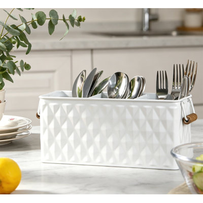 Silverware Caddy Metal White Diamond Pattern Cutlery Organizer 3 Compartments for Utensils