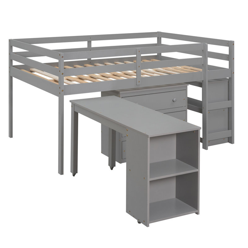 Lit mezzanine double gris avec bureau roulant, armoire de rangement et tablettes, structure en bois massif pour enfants adolescents