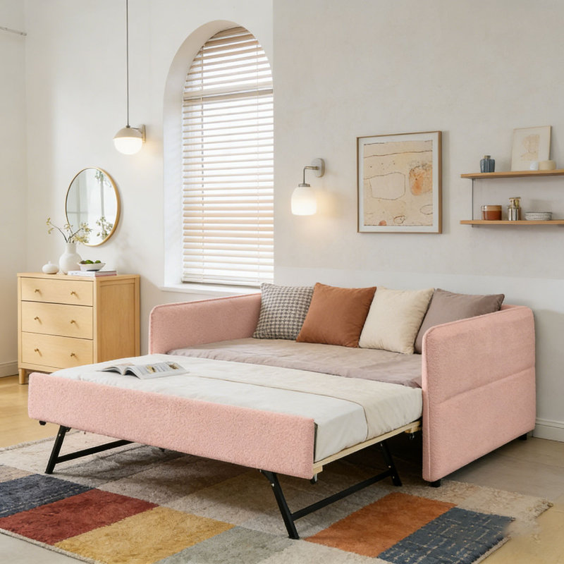 Lit de jour en tissu Boucle, Double 2, Rose - Lit gigogne