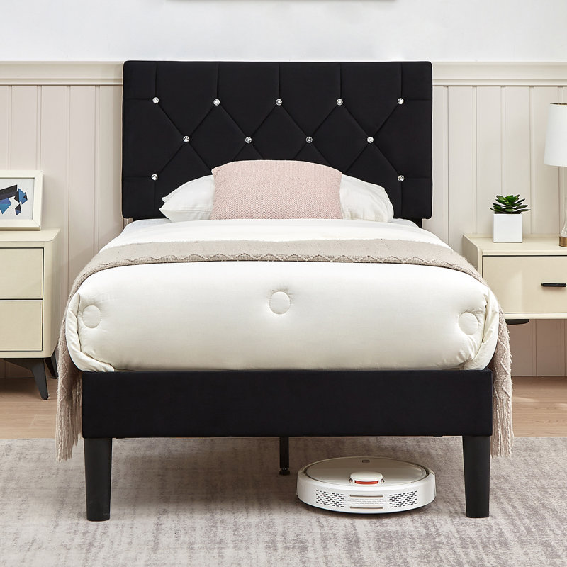 Lit simple avec plateforme tapissier et tête de lit capitonnée réglable, Noir