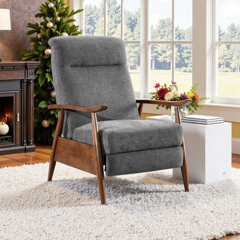 Modern Wood Arm Push-Back Recliner With Padded Footrest, Hardwood Frame, Charcoal, Dark Brown