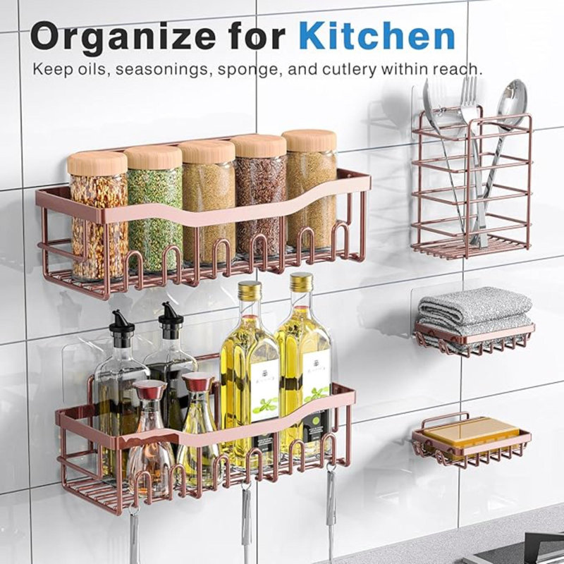 Ensemble de 5 boîtes de douche, organisateur de douche adhésif pour le rangement de la salle de bain et de la maison, cuisine sans perçage, grande capacité, organisateur de salle de bain en acier inoxydable antirouille, tablettes de douche pour la dou