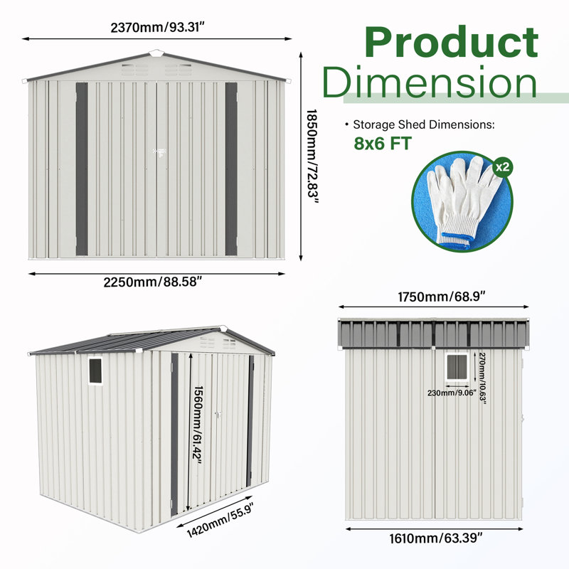 Outdoor Metal shed with side Window and Lockable Door, 72.83"H x 93.31"W x 68.90"D