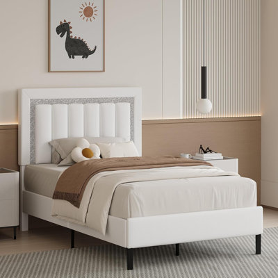 Faux Leather Upholstered Bed with Diamond Vertical Stripe Design