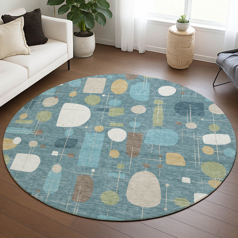 Machine Washable Indoor/Outdoor Jourdan ACN2393 Mid-Century Modern Rug, Round 8'