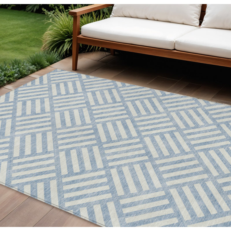 Tapis extérieur lavable à motif géométrique bleu ciel et ivoire 10 pi x 14 pi