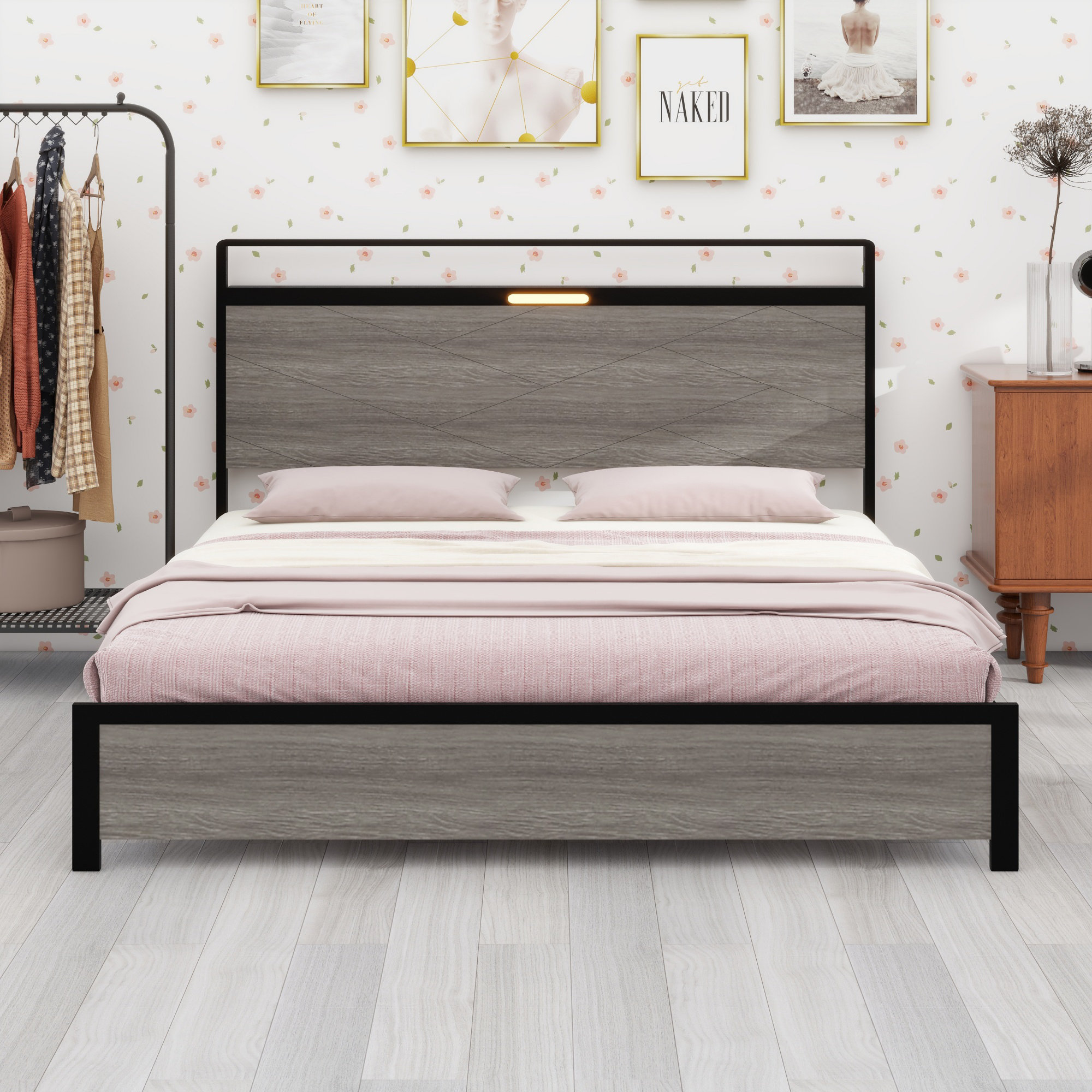 17 Stories Platform Bed Frame With Storage LED Light Headboard And 2 ...