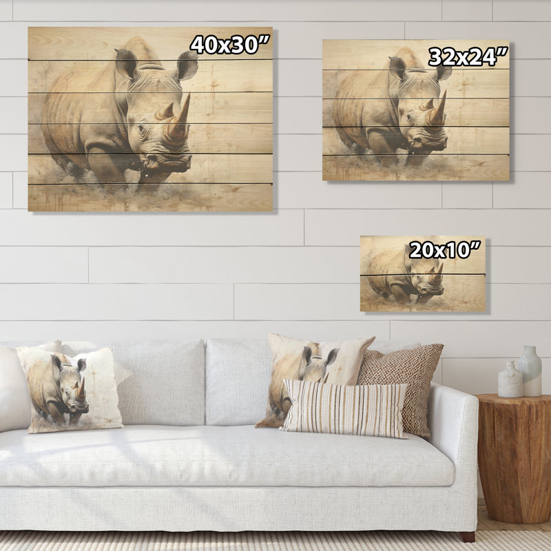 «Mighty Strong Rhinoceros - Rhinoceros», art sur bois de pin naturel, H 24 po x l 32 po