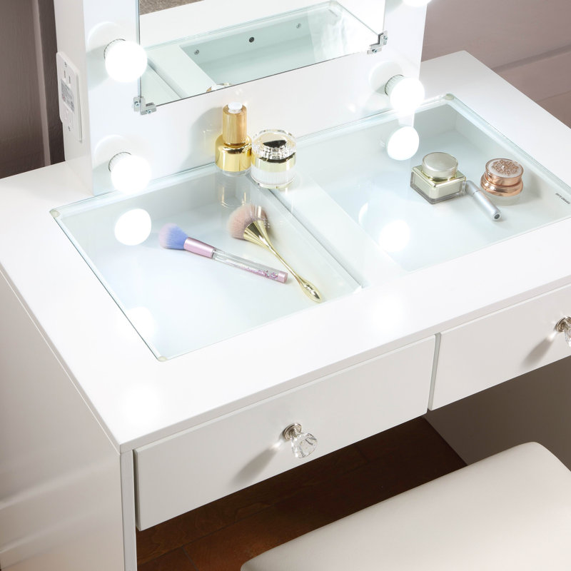 10 Lights White Makeup Vanity With Stool, 2 Drawers, Port & Power Outlet - Bedroom Engaging 2 Stool Lights, Modern, White