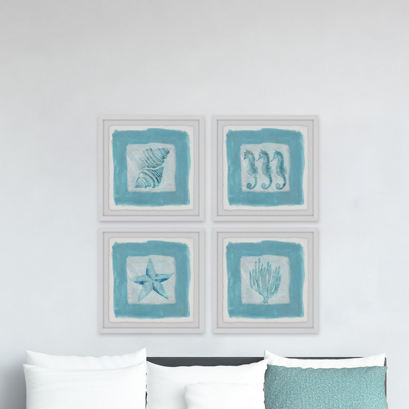 Sea Life Blue Quadrupych - ensemble de 4 reproductions de cadres photo, H 32 po x l 32 po