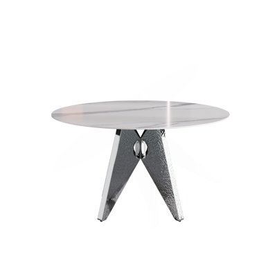 Table de salle à manger 53 po ronde en marbre avec base en acier inoxydable argenté, marbre artificiel pour 6 personnes, table de salle à manger / cuisine de salle à manger, blanc (table de salle à manger seulement)