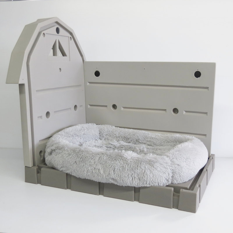 Large Gray Polyester Bolster Dog Bed with Faux Shag Fur