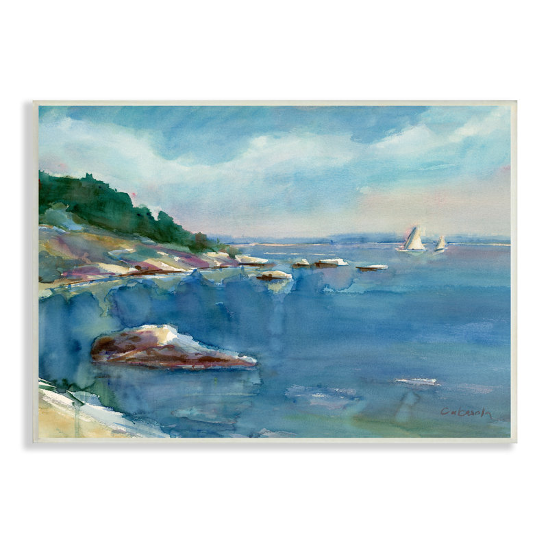 Rocky Beach Cliffs Watercolor Print on MDF Wood
