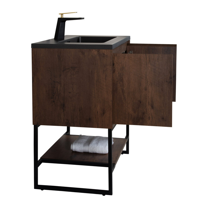 Meuble-lavabo polyvalent avec lavabo intégré et rangement spacieux, idéal pour les salles de bain modernes.