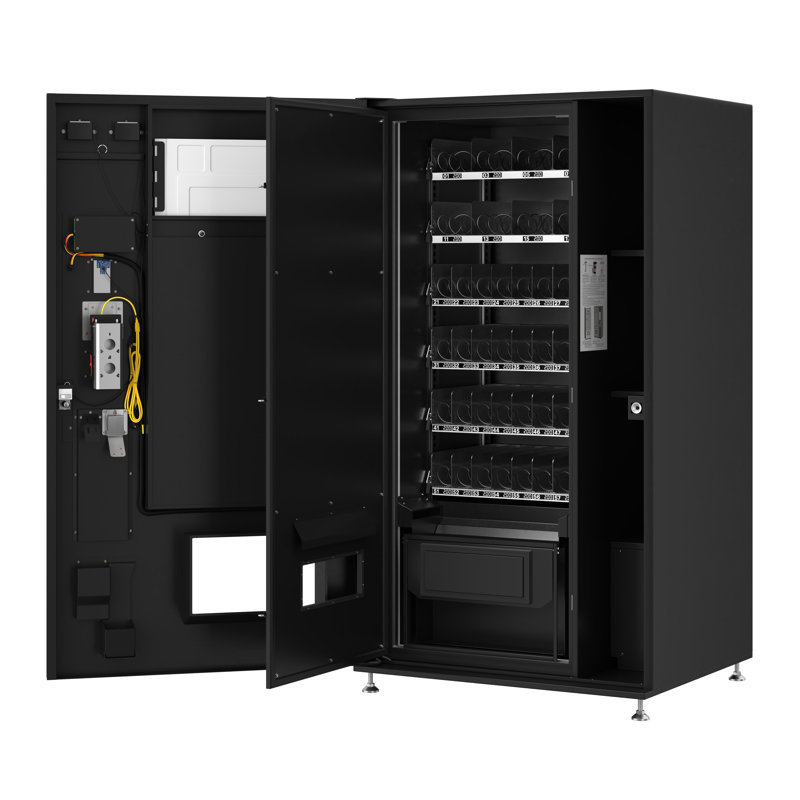 Refrigerated Snack Vending Machine In Black With 48 Slots Featuring Ample 49 Inch Touch Display, Bill Acceptor, Credit Card Reader, Wifi and 4G Connectivity