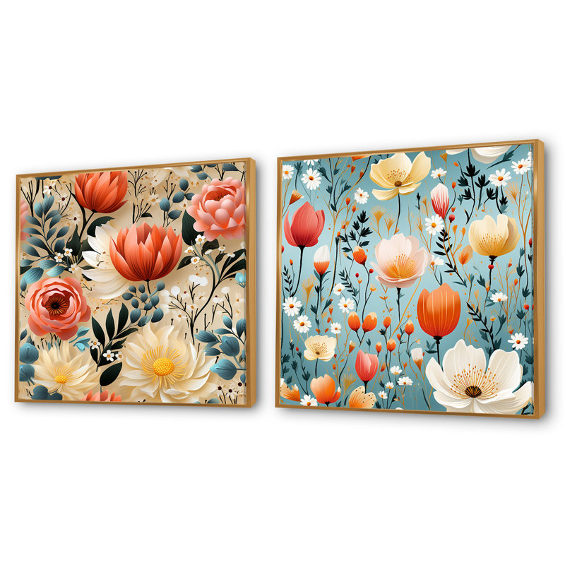 Dysart - Ensemble de 2 collages carrés floraux, H 16 po x l 33 po, Cadre flottant doré