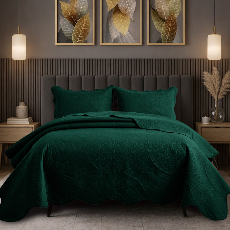 Floral Embossed Quilt Set, Emerald, California King Bedspread + 2 Standard Shams