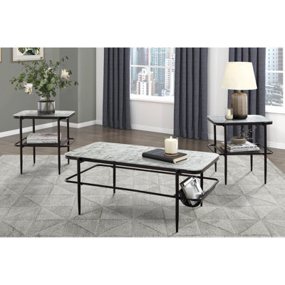 Table d'appoint élégante 3 pièces : Plateau en verre imprimé marbre blanc et rangement pratique, design tendance.