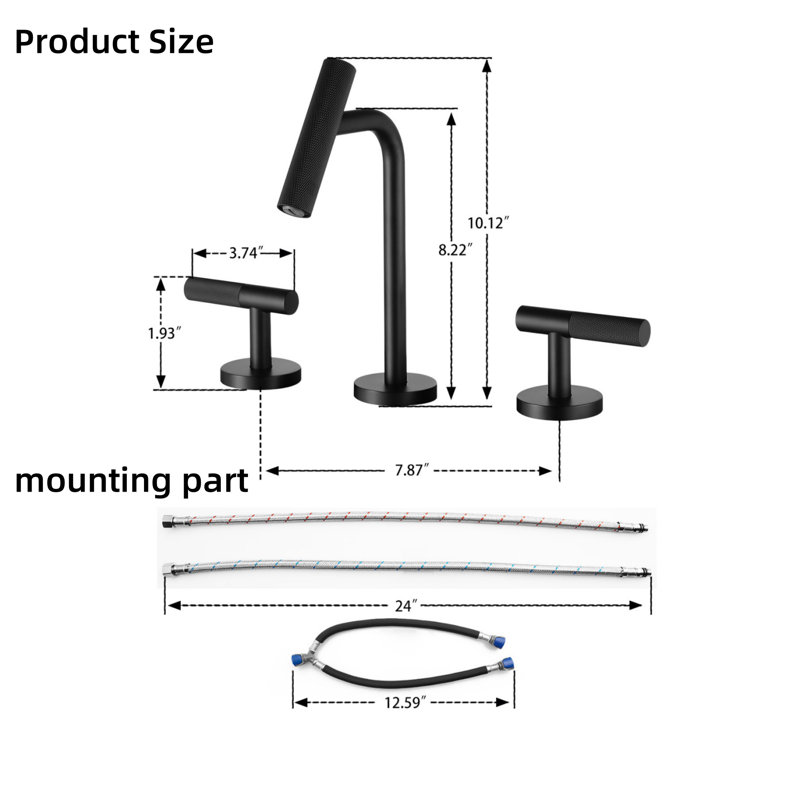 Robinet de salle de bain trois pièces deux poignées 8 pouces noir mat