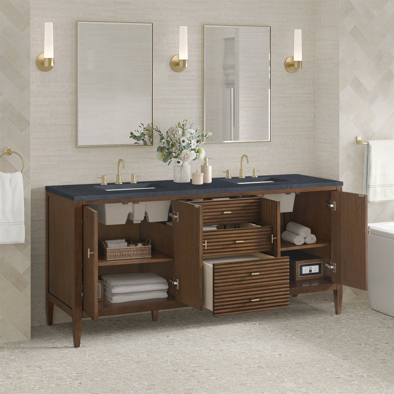 Myrrin 72'' W Double Vanity, Mid-Century Walnut, Charcoal Soapstone, 8" Widespread