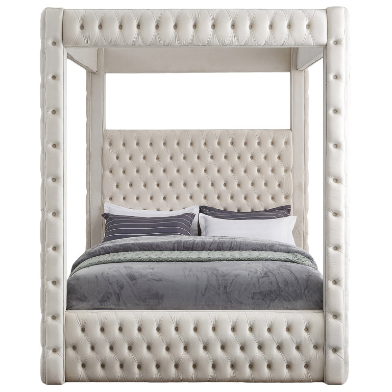 Très grand lit plateforme tapissier Ekke, Velours beige, Très grand