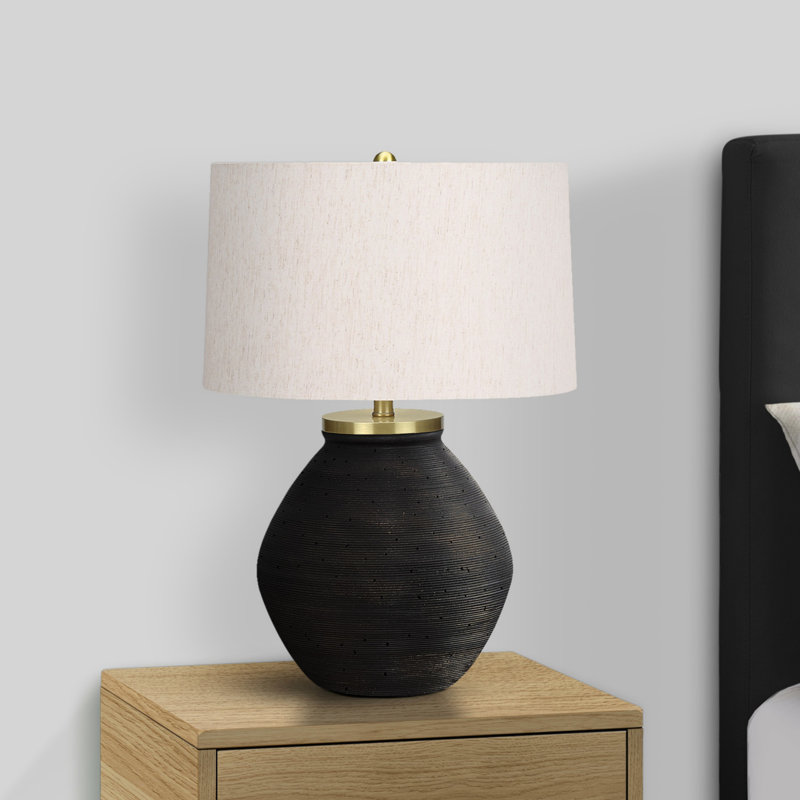 Lighting, H 25 po, lampe de table, béton noir, abat-jour ivoire / crème, contemporain, Blanc, Noir