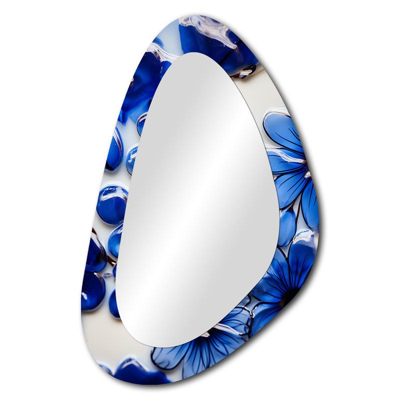 Dinkins Flower blue botanical mosaic  I - Botanicals Irregular Shape Mirror, Blue Asymmetrical Decorative Wall Mirror, Printed Metal Art