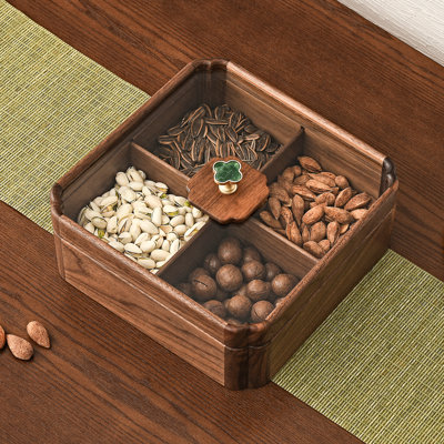 Black Walnut Wooden Nut and Candy Serving Tray, 4 Compartments Glass Lid Snack Tray for Dry Fruits.
