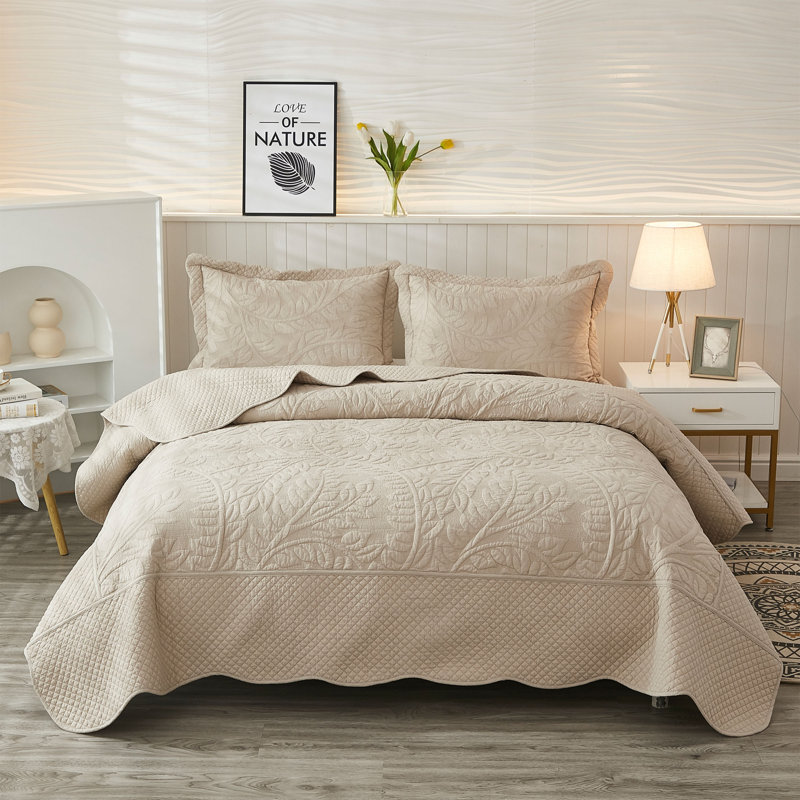 Khaki Cotton Queen Reversible Floral Quilt Set