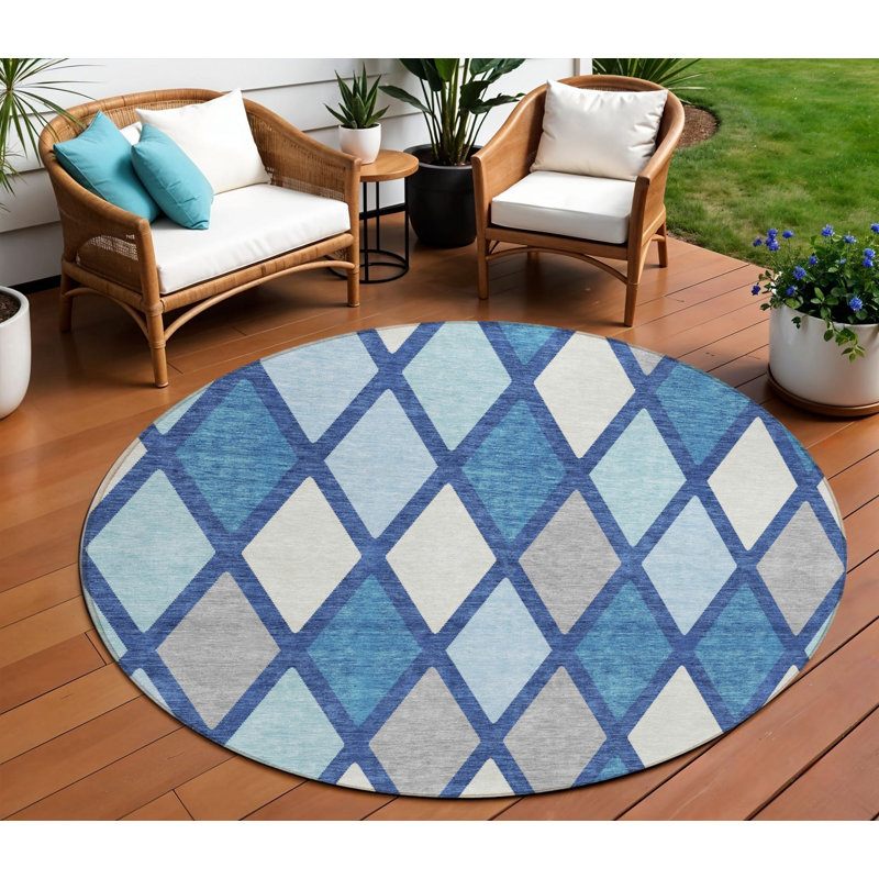 Tapis intérieur / extérieur rond lavable 8 pi bleu marine et bleu ciel
