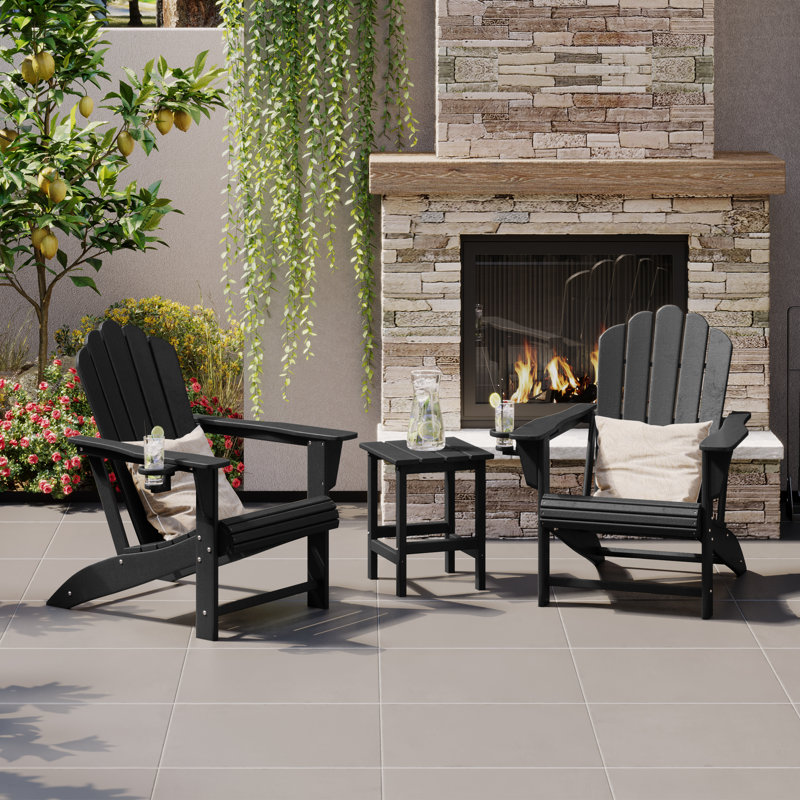 Ensemble 3 pièces de chaise Adirondack résistant aux rayons UV Lucus et table d'appoint, Noir, noir, noir, noir
