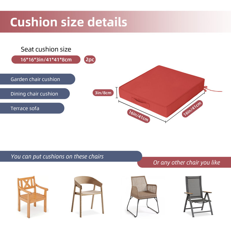 Coussins de chaise d'extérieur carrés, ensemble de 2 pièces, 16 x 16 x 3 pouces, coussins de patio résistants aux éclaboussures et aux rayons UV avec poignées de transport et sangles de fixation