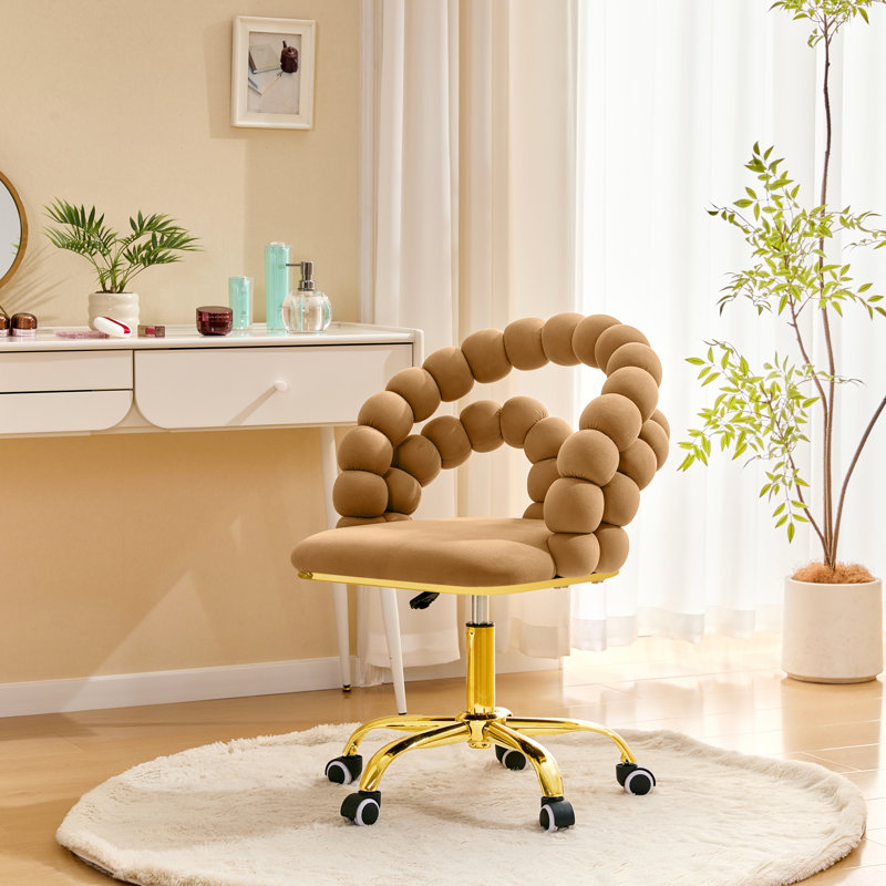 Fauteuil de bureau en velours pivotant avec dossier à bulles, fauteuil de coiffeuse mignon à hauteur réglable avec base dorée et roulettes pour la chambre à coucher et la salle de maquillage.