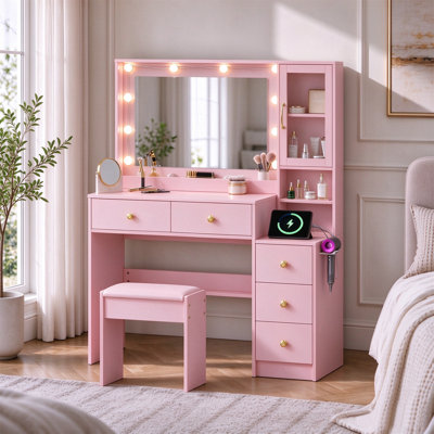 35" Makeup Vanity Set with LED Mirror, USB Charging Station and 5 Drawers, Pink
