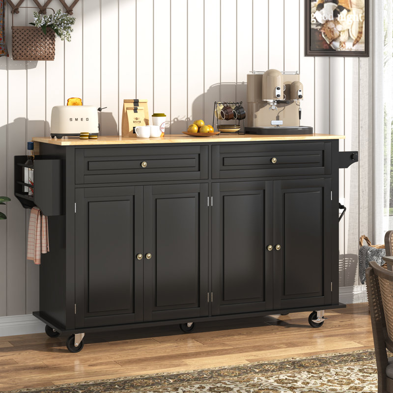 63" Movable Kitchen Island with Drop Leaf and Power Outlet, Rolling Kitchen Cart with Rubber wood Countertop, Island Table on Wheels for Kitchen w/2 Drawers, Spice Rack, Towel Bar, Adjustable Shelves