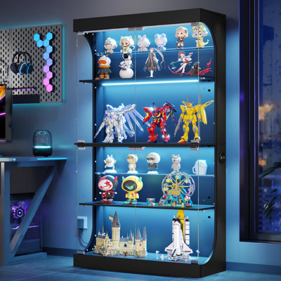 Vitrine avec portes en verre, vitrine à 4 niveaux avec lumières RVB, vitrine avec tablettes en verre réglables, capteur de corps humain, armoires de rangement pour objets de collection - noir