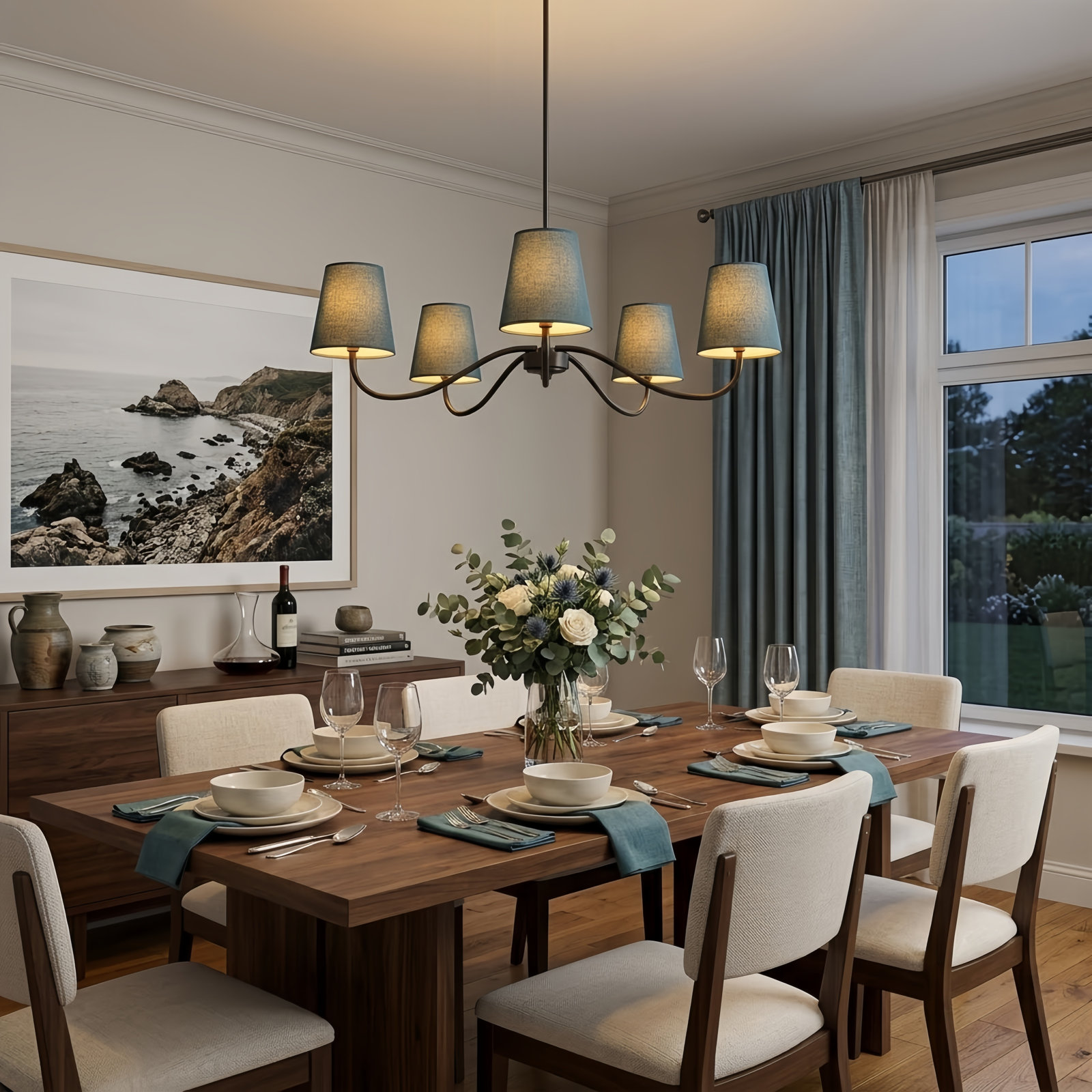 5-Light Chandelier with Fabric Shades, Matte Black, Blue