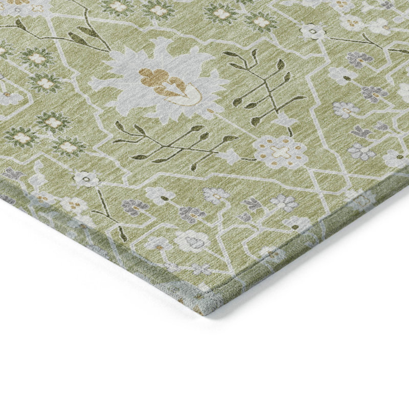 3' X 5' Artichoke Green Gray And Ivory Oriental Washable Indoor Outdoor Area Rug