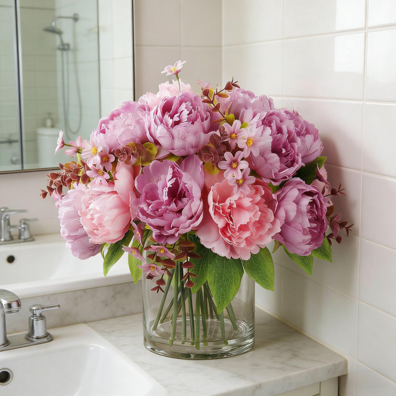 Pivoines artificielles avec vase en verre et eau artificielle pour bouquet de mariage, centre de table, décoration intérieure