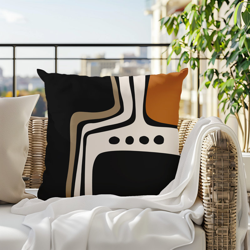 Oreiller carré réversible intérieur / extérieur Tobe Minimalist, H 15 po x l 15 po, Orange brûlé / noir / blanc cassé