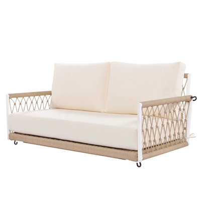 1-Piece Woven Rope Outdoor Swing Sofa With Soft Cushions Seating 2 For Patio, Courtyard And Balcony (Beige)