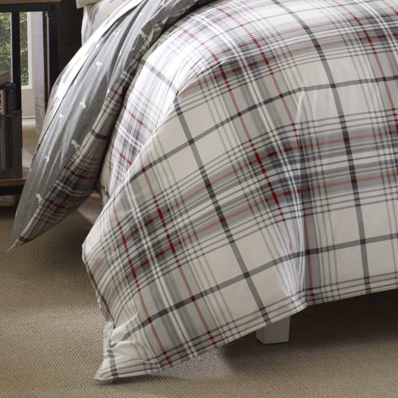 Queen Gray and Red Plaid Cotton Duvet Cover Set