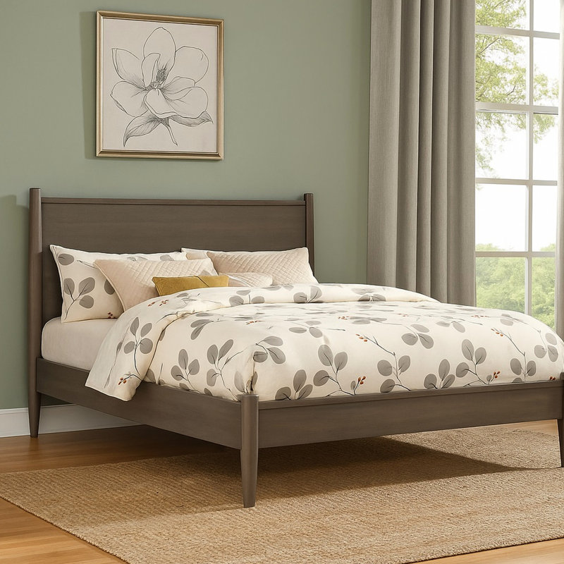 Lit plateforme très grand de style Mid-Century moderne en bois, fonte grise, pieds fuselés ronds, ensemble de lattes, sans sommier pour lit de chambre à coucher avec maquillage, printemps, intrigue