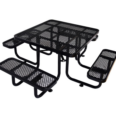 Table de pique-nique carrée d'extérieur en acier 46 po noir avec mât de parasol